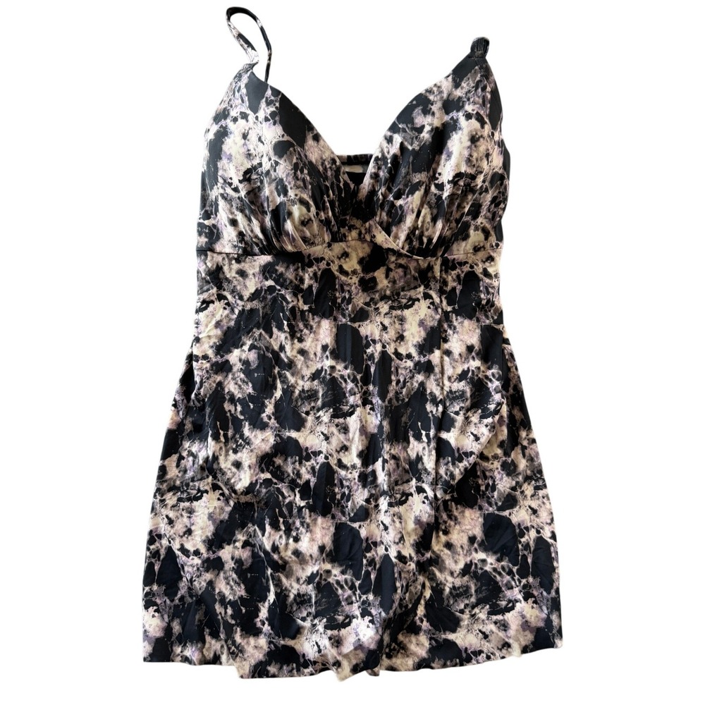 Swimsuits For All Womens Black Purple Marble Print Underwire Swimdress 42DD
